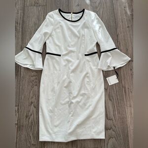 NWT Calvin Klein White Sheath Dress Bell Sleeves Black Trim Crew Neck Womens 12